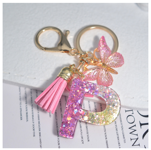 Glitter Sequin Filled 26 Letter Keychain With Tassel Exquisite Butterfly A-Z Alphabet Keyrings Women Bag Pendant Ornaments Gifts P