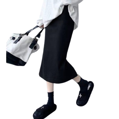 (Essential Item) Casual Plain Wrapping Bifurcate Buttock High Stretch Midi Skirt for Woman