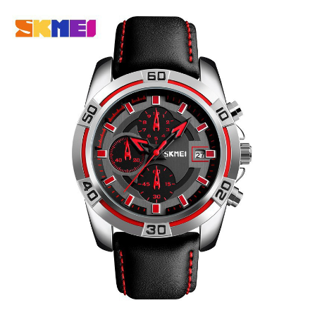 Skmei 9156 Watch for Men Fashion Sports Quartz Clock Soft Real Leather Chronograph Waterproof Wristwatch RED