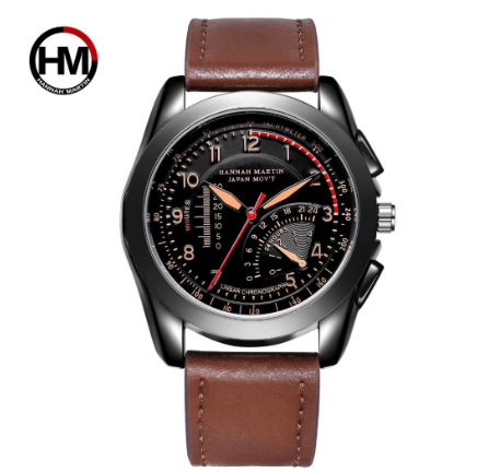 Hannah Martin Men's Sports Watch Luminous Leather Belt Quartz Watches 43mm Dial Waterproof Wristwatch BROWN