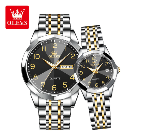 Olevs Couple Watch Original Waterproof Stainless Steel Strap Quartz Analog Watch for Couples Business Luminous Calendar Fashion Digital Man Women Watch BLACK DIAL TWO TONE