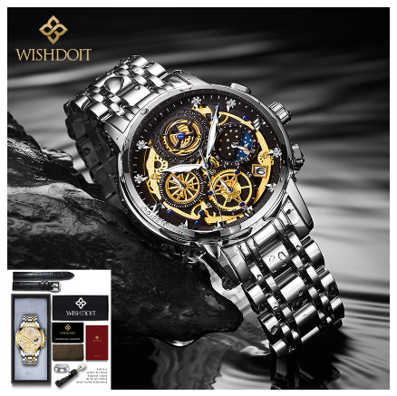 WISHDOIT Watch for Men Original Waterproof Stainless Steel Multifunction Chronograph Calendar Luminous Business Fashion Watch  SILVER BLACK
