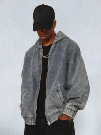 SUMWON Regular Fit Hooded Zip Through Washed Denim Jacket