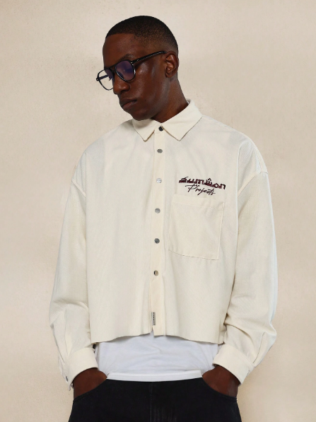 SUMWON Crop Fit Button Down Corduroy Shirt With Print