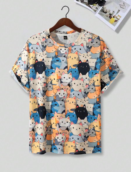 Manfinity Hypemode Men's Plus Size Summer Cartoon Cat Printed Round Neck Short Sleeve Casual T-Shirt