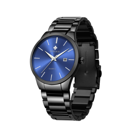 Wwoor Men Watches Waterproof Quartz Analog Business Watch Stainless Steel Casual Simple Watch BLUE DIAL BLACK CASE STRAP