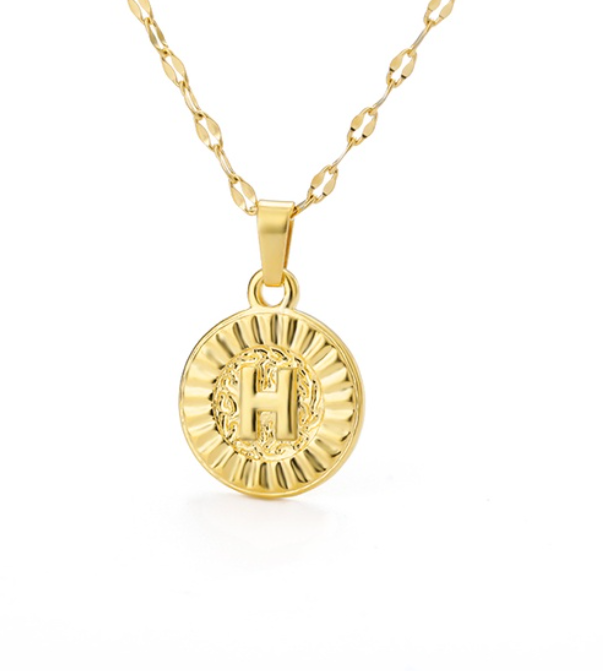 Maxzone A-Z Initial Round Letter Pendant Necklace For Women Stainless Steel Gold Choker Coin Letter Necklace H