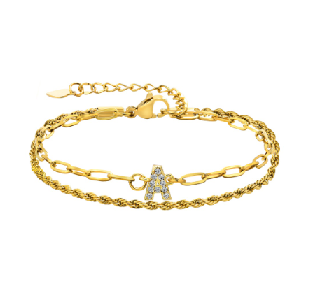 Vnox Letter Double Layer Braelet,18K Gold Fried Twistsed Paper Clip Zirconia Initial Stainless Steel Chain Link for Women A