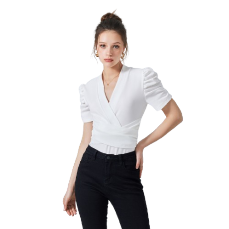 Lovito Women Elegant Plain Criss Cross Pleated Bodysuit L74ED095 (White)