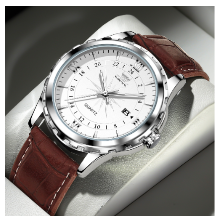 OPK Watch For Men WaterProof Original Stainless Steel Leather Strap Fashion Luminous Calendar Quartz Mens Watch WHITE DIAL BROWN LEATHER STRAP