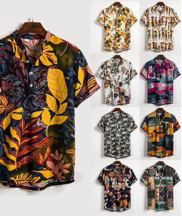 Men's Summer Retro Short Sleeve Floral Pullover Shirt Casual Beach Stand Collar Cotton And Linen Printed Polo T-shirt Plus Size