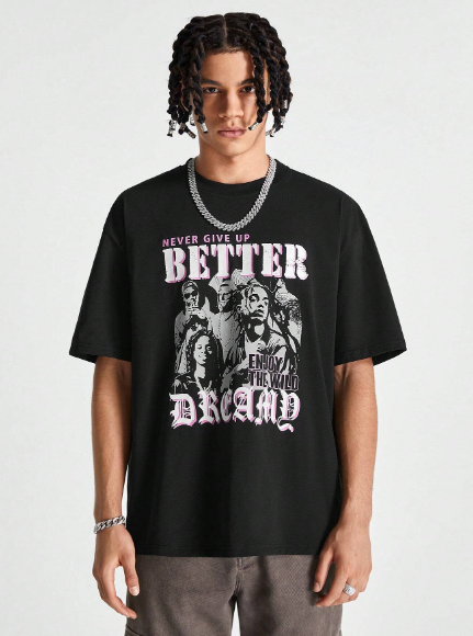 Manfinity StreetEZ Men's Loose Short Sleeve Knit Tee With English And Figure Print, Suitable For Summer