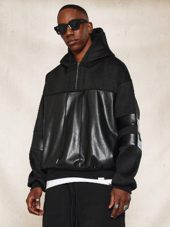 SUMWON Brush Back Hoodie With PU Panels & Flock Graphic Print