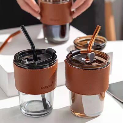 Glass Straw Cup Transparent Cold Coffee Cup with Lid 450ml Water Milk Tea Cup Water Bottles