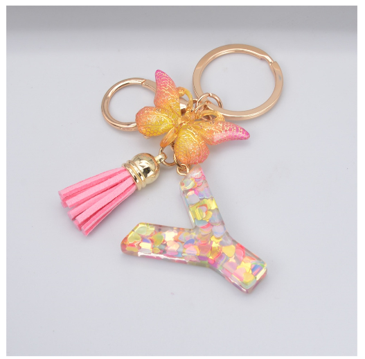 Exquisite 26 Letter Resin Keychain with Pink Tassel Gradient Butterfly Pendant Key Ring Women Bag Ornaments Accessories Y