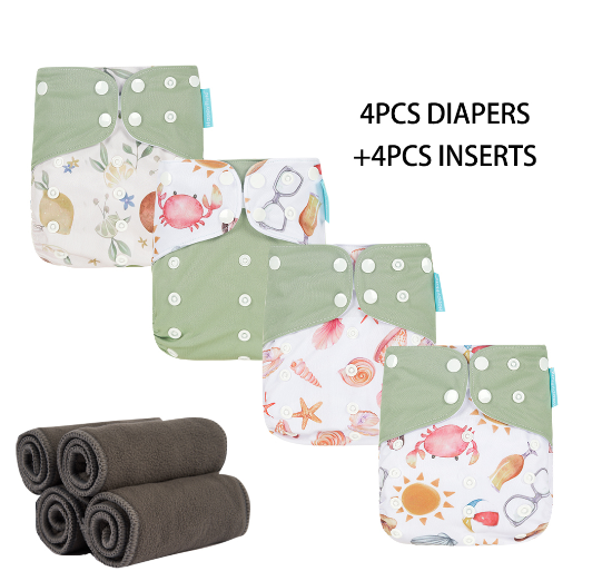 HappyFlute Baby Ecological Cloth Diapers Adjustable Washable Reusable Cloth Nappy For Baby Girls and Boys 4pcsDiaper+4pcs Inserts Set 13