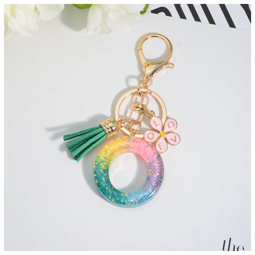 Fashion 26 Letter Resin Keychain A-Z Round Sequins Filled Alphabet Flower Pendant Keyring with Tassel Bag Ornament Accessories O