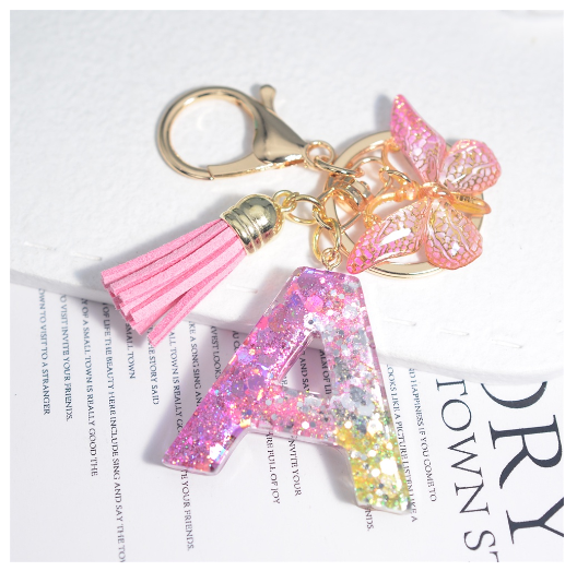 Glitter Sequin Filled 26 Letter Keychain With Tassel Exquisite Butterfly A-Z Alphabet Keyrings Women Bag Pendant Ornaments Gifts A