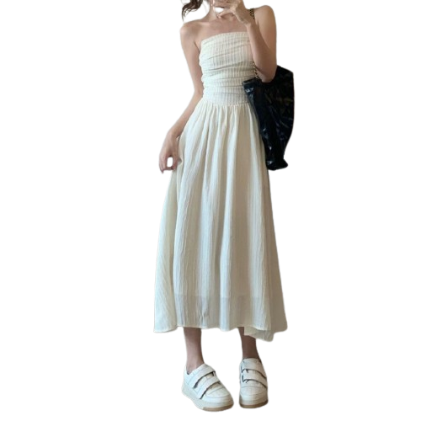 Lovito Casual Plain Ruched Ball Gown Dress for Women LNE07145 (White)