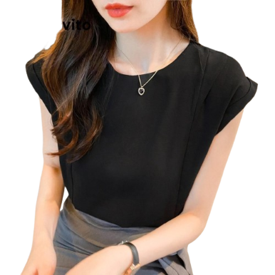 Lovito Women Casual Plain Structure Line Fabric Stitching Blouse LNE41063 (Black)