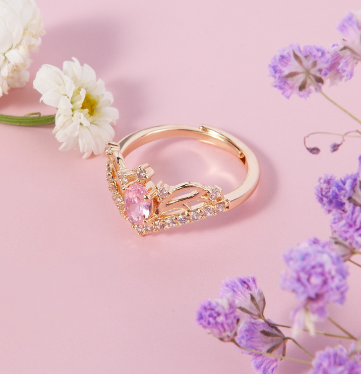 Jewelry 18K Gold Crown Ring Pink Gemstone Gold Ring Fashion  Style