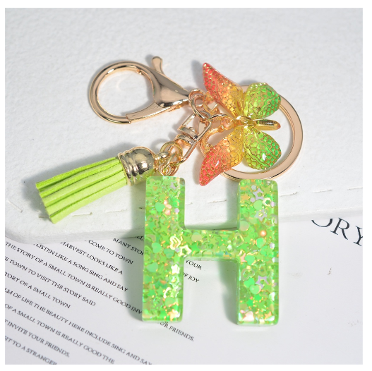 Glitter Green 26 Letter Resin Keychain Fashion Sequin Filled A-Z Alphabet Keyrings For Women Car Key Holder Accessories Souvenir H