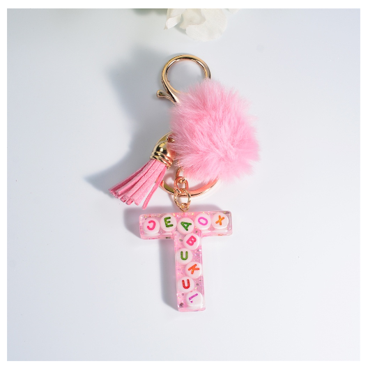 Exquisite Pink A-Z Letter Resin Keychain With Hairball 26 Initials Keyring Charms Women Bag Ornament Best Festival Gift T