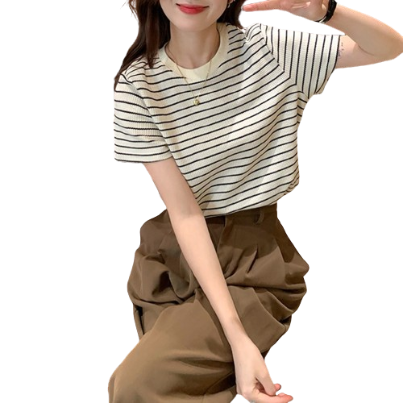 Lovito Casual Striped Round Neck Short Sleeves Basic T-Shirt for Women LNA07176 (Apricot)