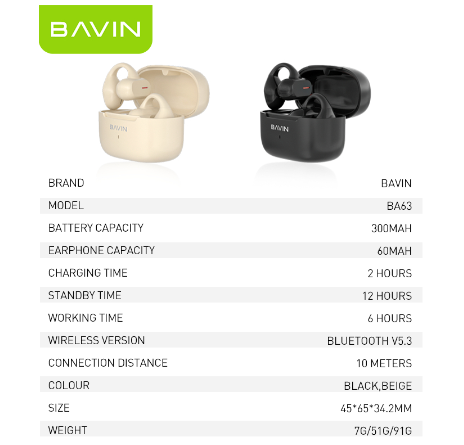 BAVIN BA63 Hi-Fi Bluetooth 5.3V Wireless Bone Conductor TWS Earphone W/ Built-In Microphone