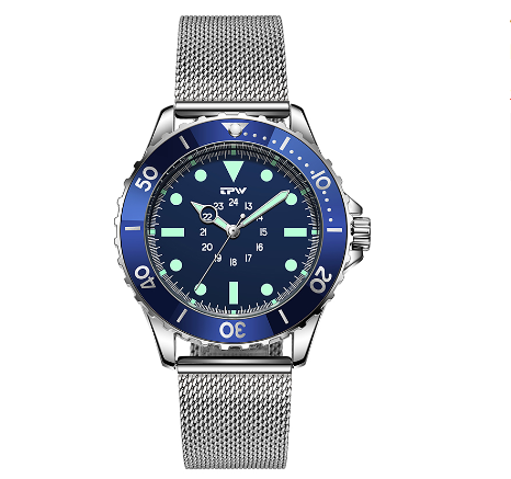 TPW Diver Style Field Watch 40mm Case 24 Hours Dial Rotating Bezel Fabric Strap Wrist Watch BLUE