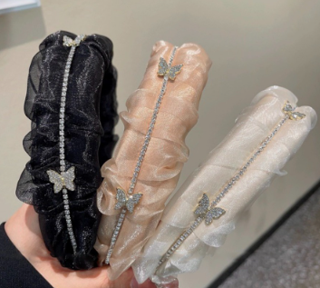 Korean Mesh Rhinestone Butterfly Headband Crystal Chain Girls Hair Band Woman Party Hair Accessories