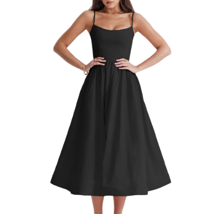 Lovito Elegant Plain Structure Line Spaghtti Strap Dress for Women LNE16033 (Black)