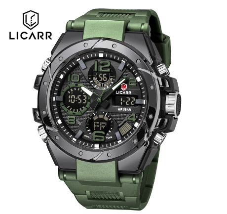 LICARR Brand Casual Men's Watches Original Waterproof Military Sport Men Watch Fashion Chrono Date Week Alarm Clock 9515 GREEN BLACK