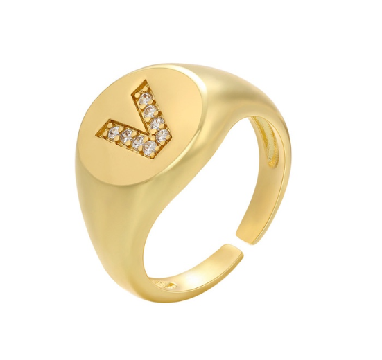 Maxzone A-Z Letter Hip Hop Gold Color Metal Finger Rings Adjustable Opening Ring Initials Name Alphabet Female Party Fashion Jewelry V