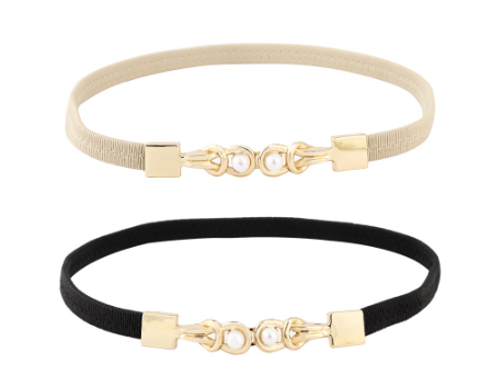 Women's Belt Thin Elastic Fashion Decorative Dress Shirt Pearl Pair Buckle