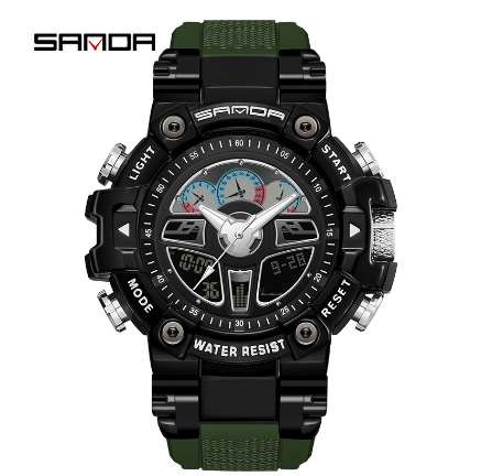 Sanda Creative Metal Dial Multifunctional Sports Waterproof Men's Watch Luxury Quartz Luminous Swim Watch GREEN