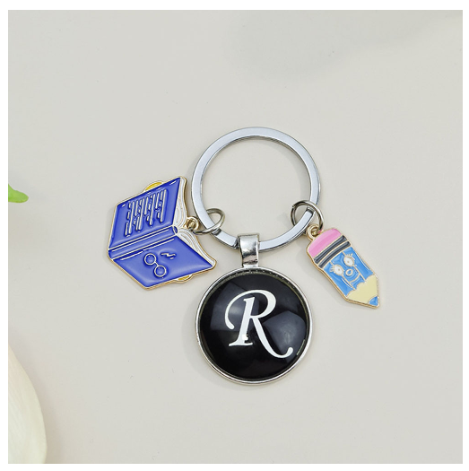 1Pcs Simple Glass 26 Letter Keychains Fashion Book Pencil A-Z Initials Keyrings Student Gifts Souvenir Handbag Pendant Ornament R