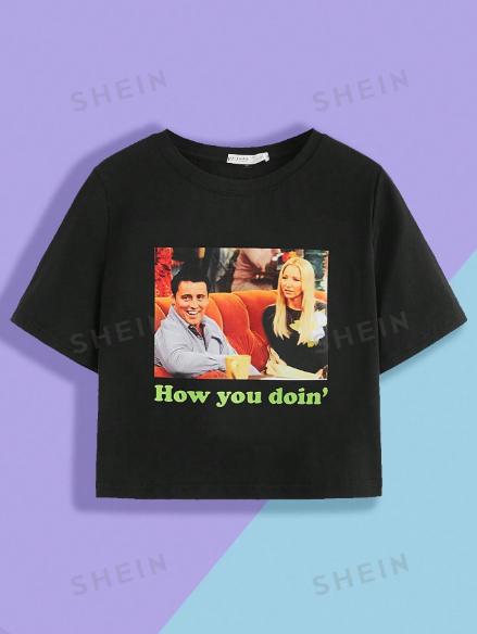 FRIENDS X SHEIN Figure And Slogan Graphic Short Sleeve Tee For Summer