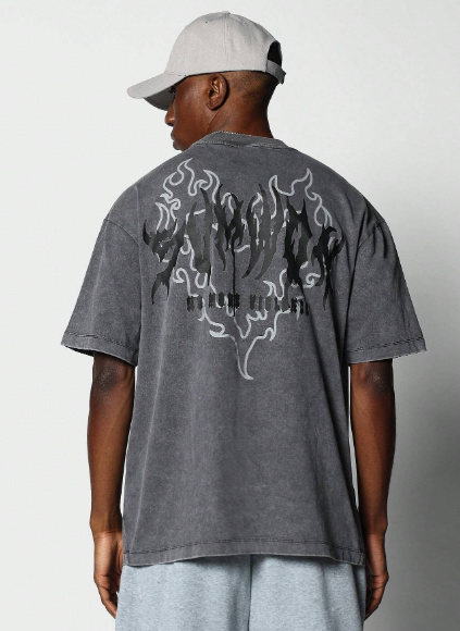 SUMWON Regular Fit Washed Tee With Back Graphic Print