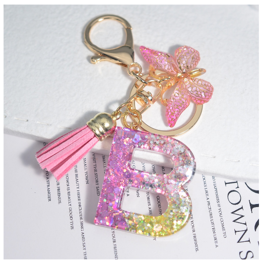 Glitter Sequin Filled 26 Letter Keychain With Tassel Exquisite Butterfly A-Z Alphabet Keyrings Women Bag Pendant Ornaments Gifts B
