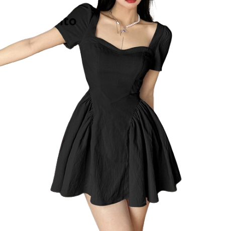 Lovito Casual Plain Pleated Dress for Women L74ED342 black