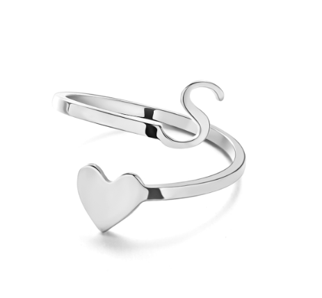 Silver Stainless Steel A-Z Rings Initial Letters Heart Rings Women Fashion Non Fading Jewelry Adjustable S