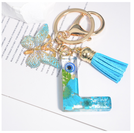 Exquisite Dried Flower Filled 26 Letter Keychain With Butterfly Pendant Fashion A-Z Name Initials Keyrings Car Key Holder Gifts L