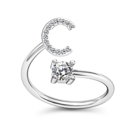 Simple Rhinestone 26 Letter Rings For Women Sliver Color Initials Adjustable Ring Opening Finger Accessories Wedding Jewelry C