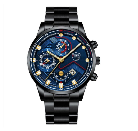 Chrono Mens Watches Quartz Business Wacthes Men Stainless Steel Three Eyes Sports Waterproof Wristwatch BLACK BLUE