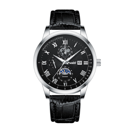 POSHI Original Men Watch Luxury Brand Leather Casual Waterproof Quartz Fashion Wristwatch SILVER BLACK