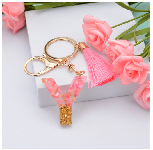 Pink Tassel Gold Foil 26 Letter Pendent Keychain for Women Resin Keyrings Girls Bag Ornamant Accessories Gifts Y