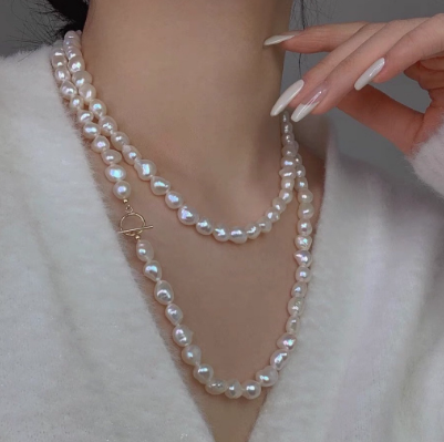 Natural Pearl Necklace OT Clasp Fashionable Pearl Versatile Casual Long Chain
