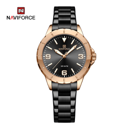 Naviforce Women Fashion Top Brand Luxury Blue Gold Ladies Genuine Leather Bracelet Classic Female Clock BLACK