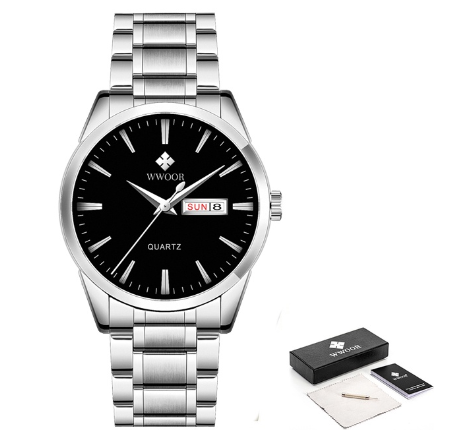 Wwoor Watch Men Stainless Steel Waterproof Quartz Wristwatch Date Relogio Masculino Watch BLACK DIAL SILVER CASE STRAP